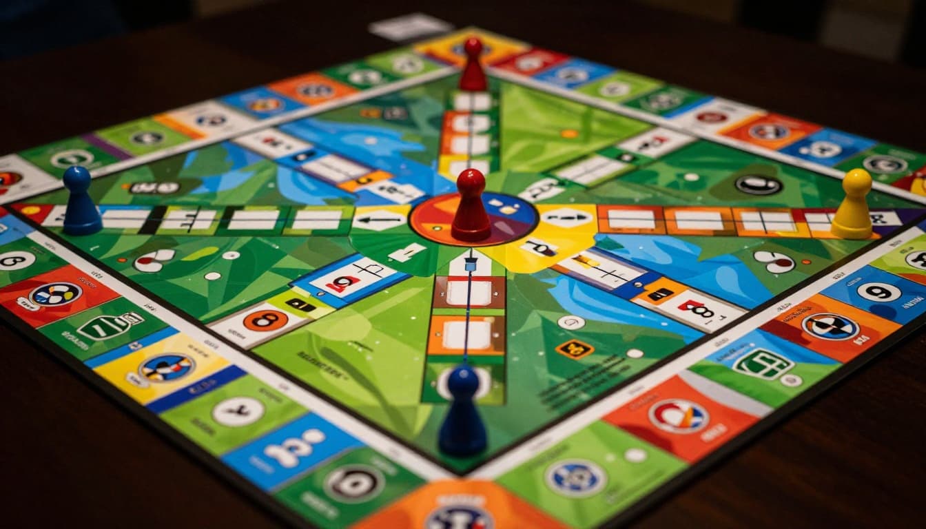 Close-up of a colorful board game setup on a table featuring point tracks, player pieces on a path toward the finish, score markers, and subtly highlighted victory point areas. Empty board ready for play in cinematic style with strong contrast, depth, and dramatic lighting.