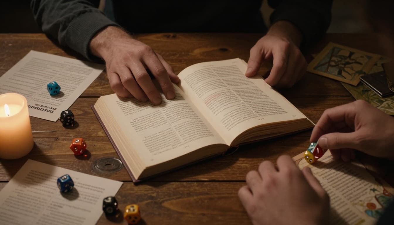 Top-down cinematic view of a wooden gaming table with an open core rulebook, character sheets, scattered polyhedral dice and papers in candlelit ambiance. Exactly two relaxed hands visible—one on the book, one near dice—with dramatic lighting, strong contrast, and depth.