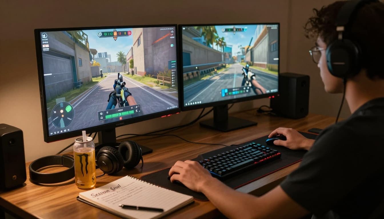 One gamer in a dimly lit cozy gaming room sits at a desk preparing for FPS practice, with mechanical keyboard, mouse, paused monitor, headphones, goal notebook, and energy drink. Cinematic style with dramatic monitor glow and warm earth tones.
