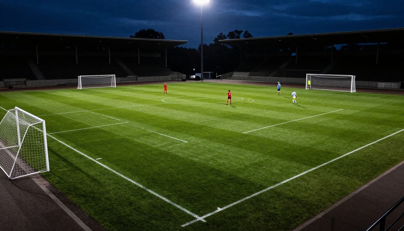 An empty sports field with marked goal lines, soccer nets in the background, and players positioned near goals, illuminated by dramatic stadium lighting at dusk in a cinematic style with strong contrast and depth.