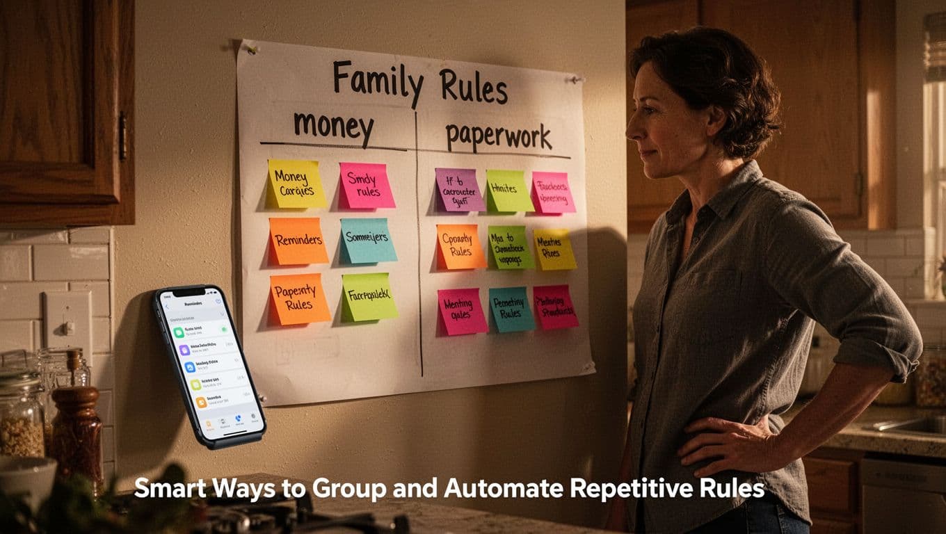 Wall chart pinned on home kitchen wall categorizing family rules into money and paperwork buckets with colorful sticky notes listing simple rules, smartphone propped nearby showing reminders, one adult standing relaxed viewing it in warm home interior, cinematic style.