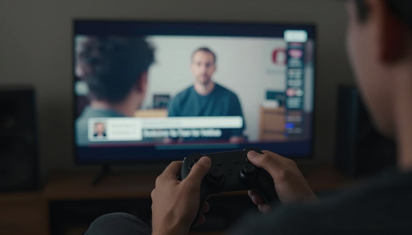 A video gamer sits relaxed on a couch in a dim room, hands on game controller, with television screen showing a subtle blurred tutorial overlay in the background. Cinematic style with strong contrast, depth, and dramatic side lighting emphasizes the player's focus.