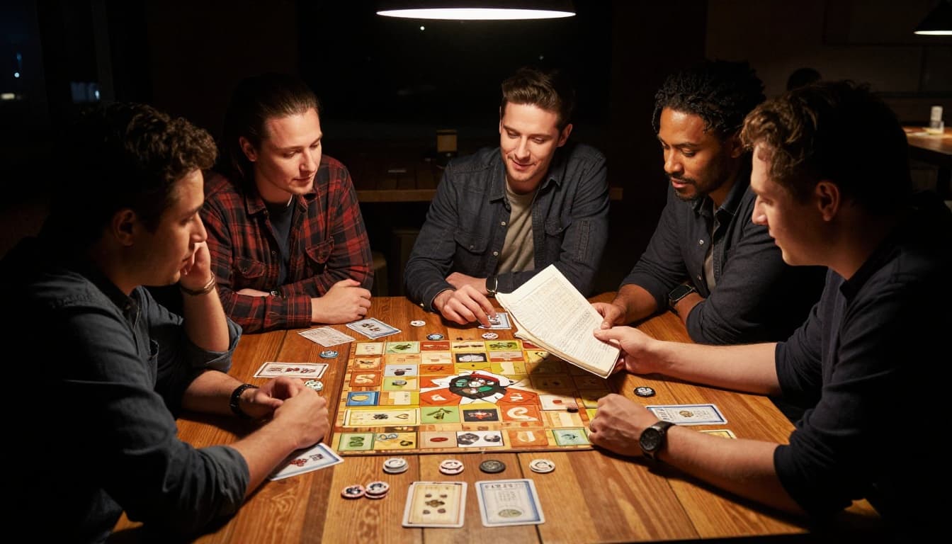 Group of four diverse adults at a wooden game table at night, one pointing to the rulebook's objective section with a smile while others lean in relieved, under warm dramatic lamp lighting.