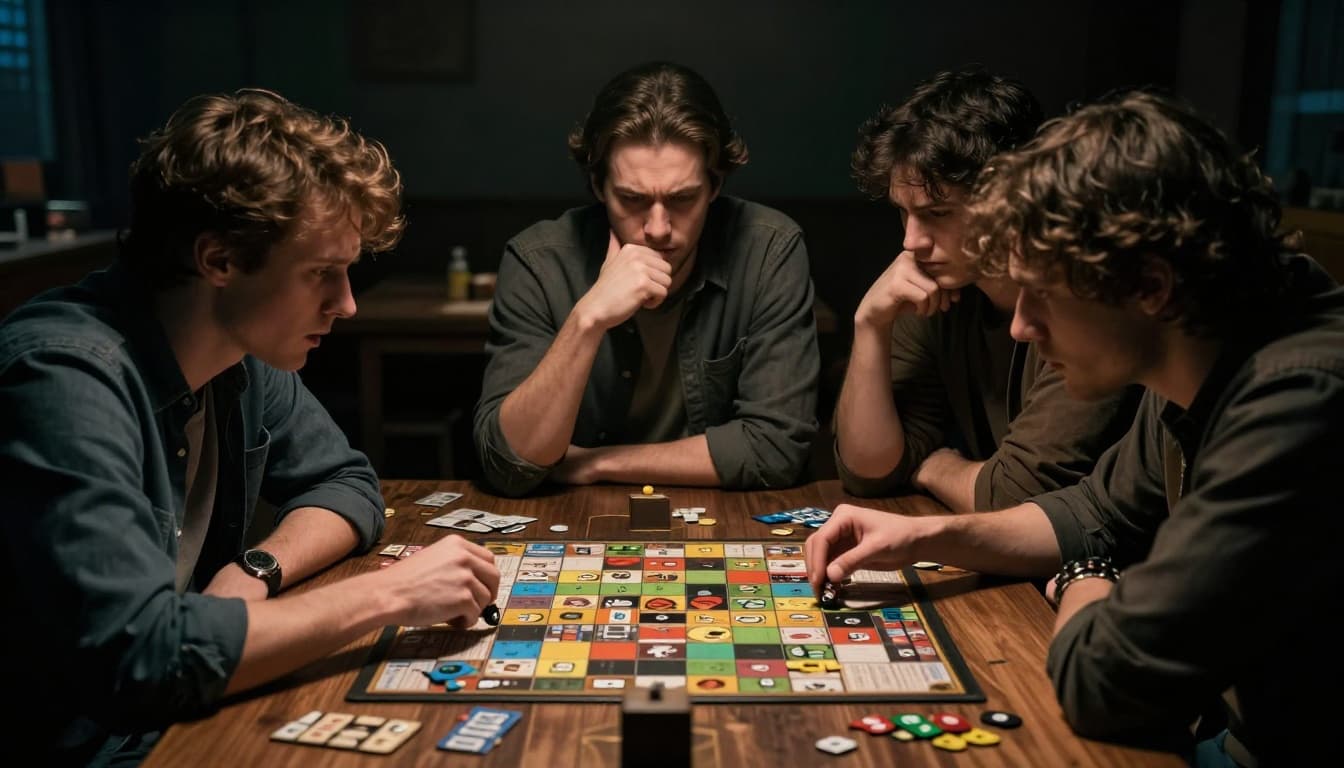 Three frustrated players huddle over a confusing rulebook during a dimly lit game night, tense faces arguing with scattered pieces under dramatic low-key lighting and deep shadows.