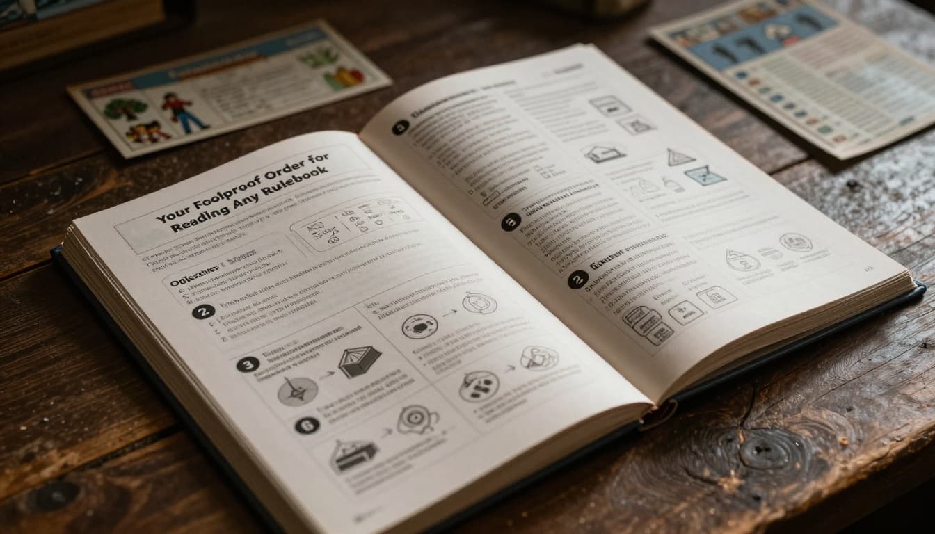 Close-up of an open board game rulebook on a rustic wooden table, displaying clear sections like objective box and numbered setup steps with icons, a player reference card nearby, in soft dramatic side lighting and cinematic style.