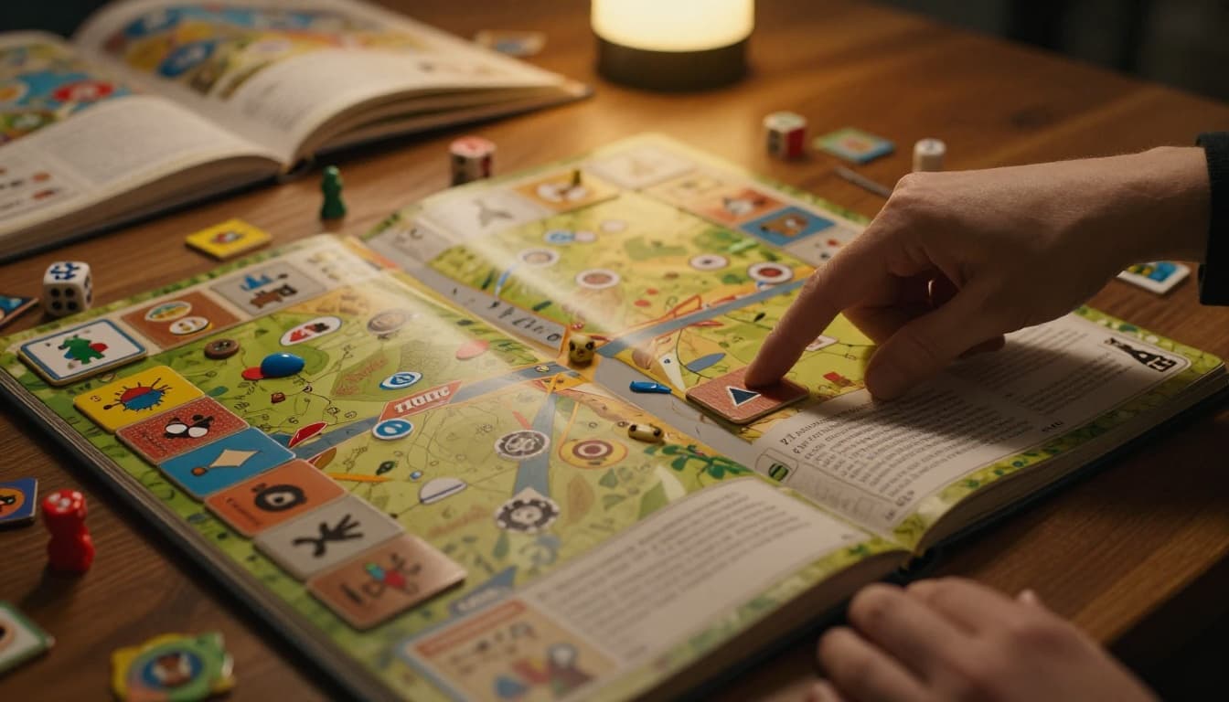 Close-up of an open physical board game rulebook spread on a wooden table, surrounded by colorful pieces like tiles, meeples, cards, and dice, with soft warm lamp light and a relaxed hand pointing to a page.