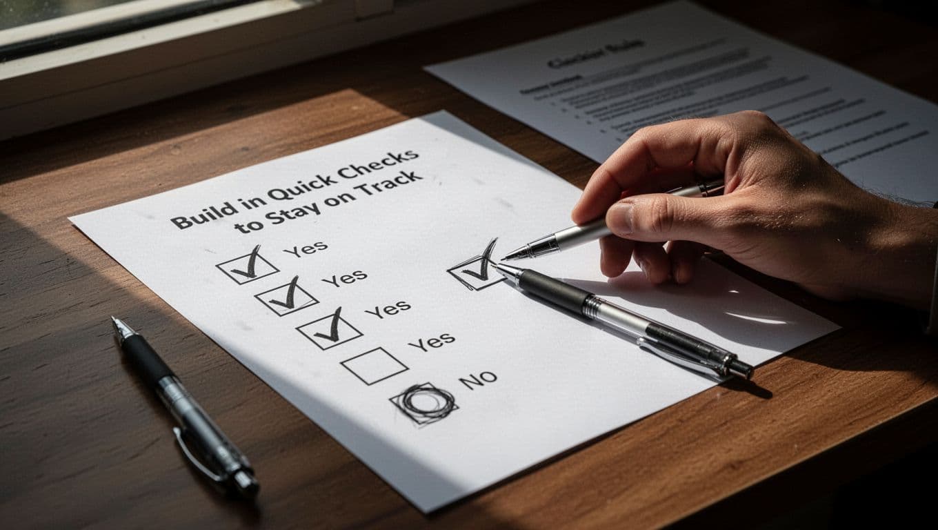 Printed checklist sheet on a wooden desk featuring simple yes/no checkboxes next to step icons, with a pen resting nearby and natural window light creating dramatic shadows.