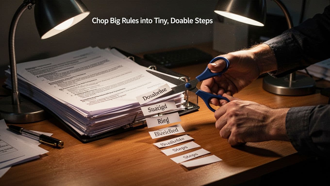 Office desk with thick binder of rules paperwork being cut by scissors into neat strips arranged as ladder-like steps, dramatic side lighting and cinematic depth of field.