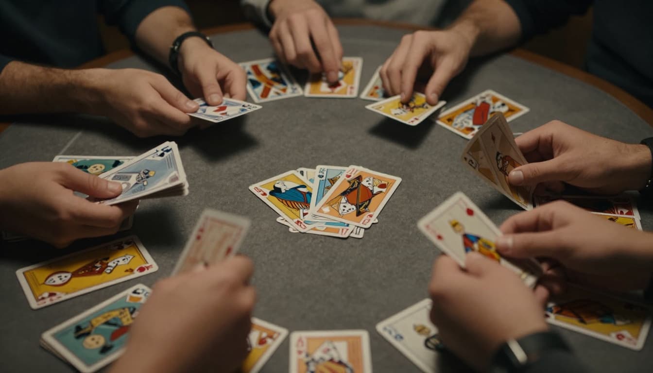 Two players start a card game by dealing cards from a deck to piles on the table, implying a shedding mechanic with empty hands nearby, in a cinematic style with strong contrast, depth, and dramatic lighting.