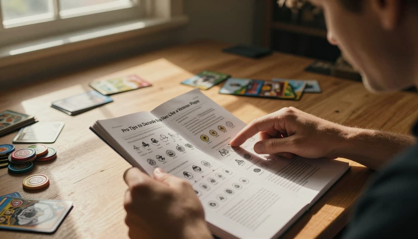 Single veteran gamer with focused expression skimming a rulebook at a game table, finger tracing icons and diagrams amid game tokens and cards, cinematic lighting with dramatic shadows.