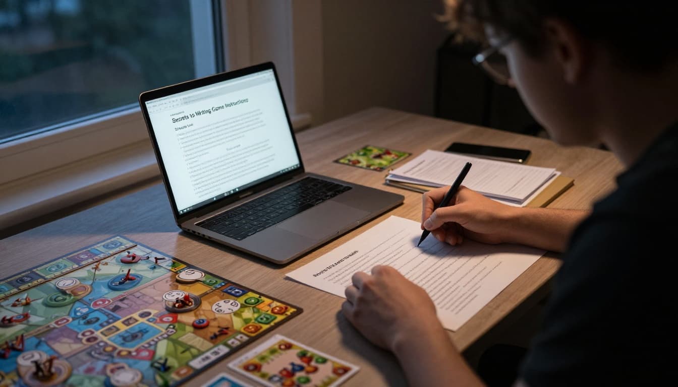 A designer sits at a desk writing game rules on paper with laptop open to notes, surrounded by prototype game boards and cards, in a late evening workspace with cinematic lighting and strong contrast.